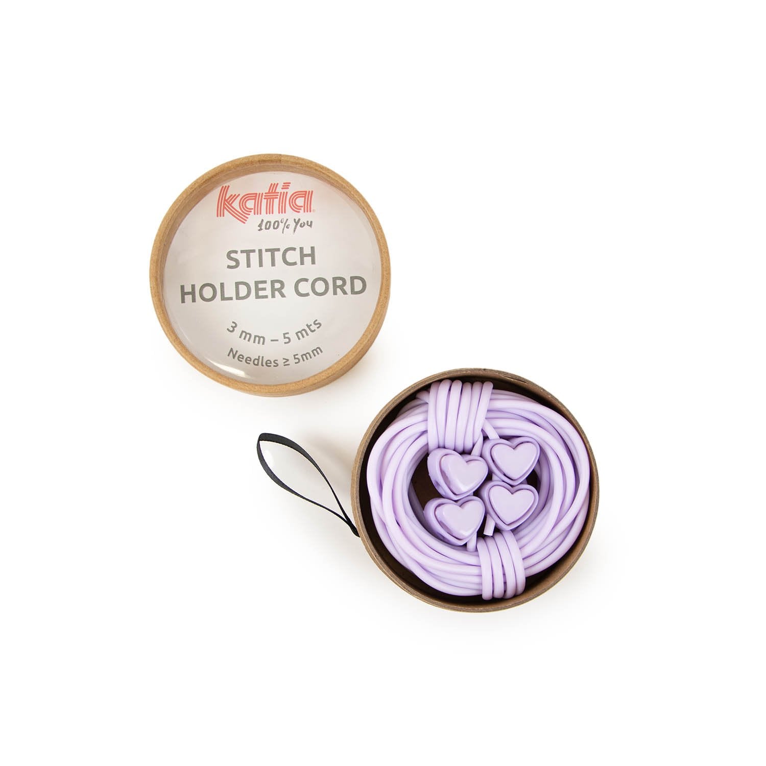 Offene Dose mit Maschenhalter Kordel und Stoppern in Herzform. Farbe Violett