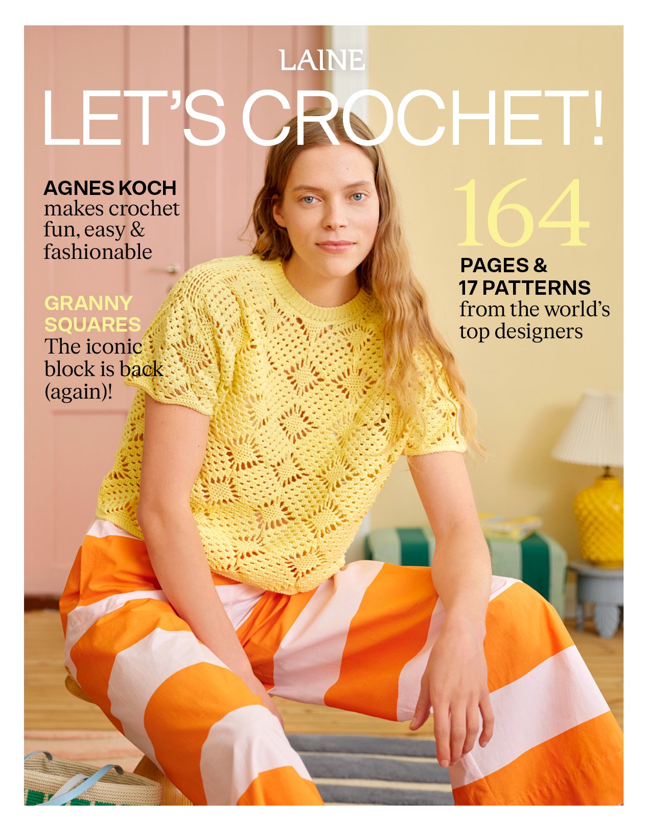 Magazin Cover. Frau mit geringelter Hose und gelbem Häkel-Shirt mit Lochmuster.
