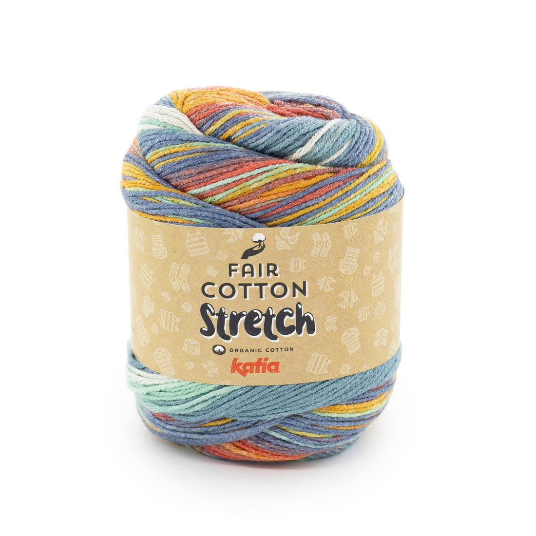 Knäuel Fair Cotton Stretch mit Farbverlauf in blau, gelb, koralle