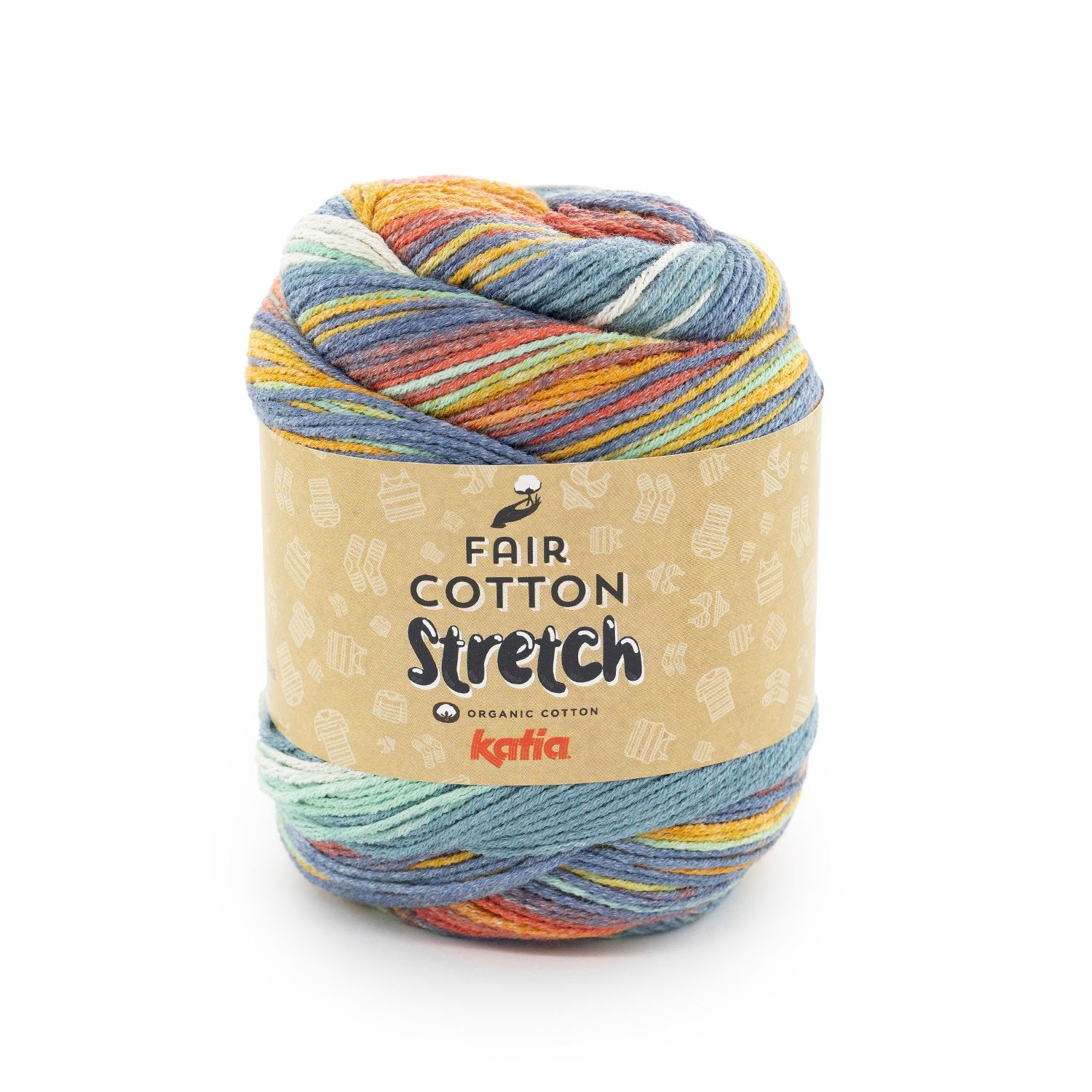 Knäuel Fair Cotton Stretch mit Farbverlauf in blau, gelb, koralle